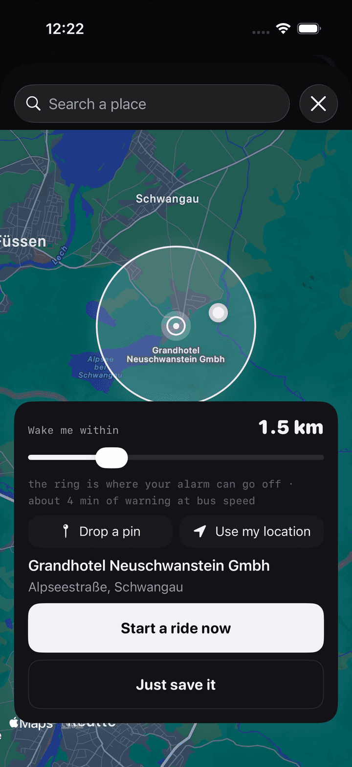 The Stopzone map picker, with a 1.5 km wake zone drawn over Schwangau, below Neuschwanstein