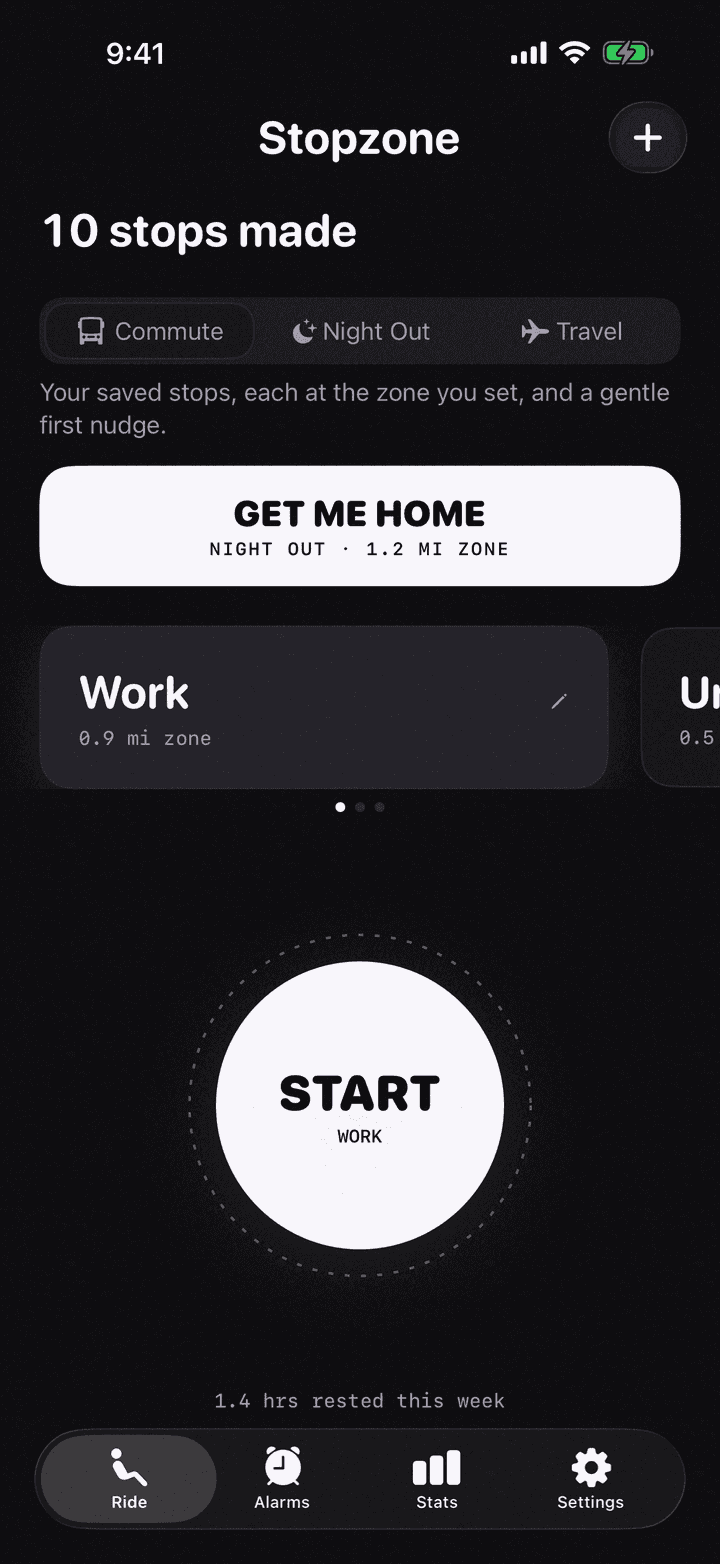The Stopzone home screen: ten stops made, a saved stop called Work with a 0.9 mile zone, and a large Start button