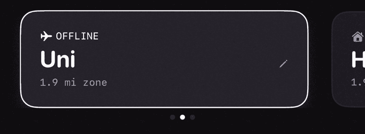 A saved stop called Uni in Stopzone, marked with an offline badge, ready to run without a connection