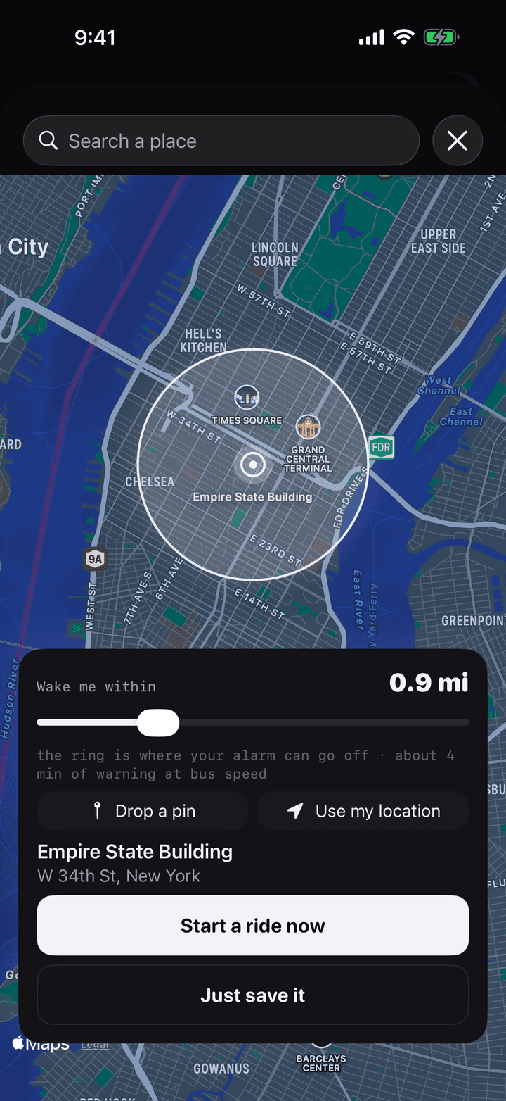The Stopzone map picker, with a 0.9 mile wake zone drawn over Midtown Manhattan, centred on the Empire State Building
